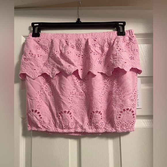 Young Fabulous & Broke Pink Eyelet Strapless Ruffle Top-Sz L - Picture 3 of 8
